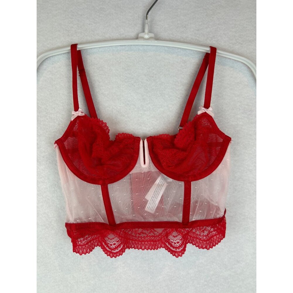 Auden Longline Bra Corset Womens XS Red White Lace Unlined Underwire